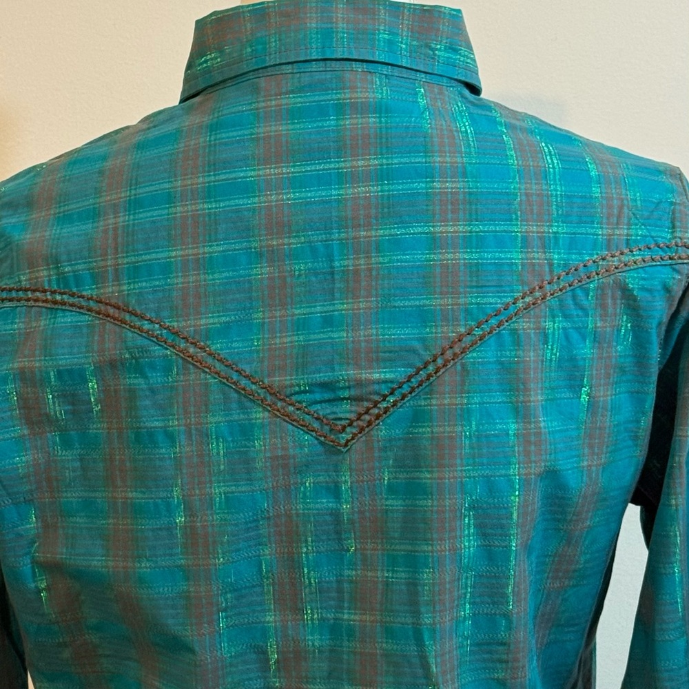 Rock 47 by Wrangler Teal Plaid Western Snap Button Shirt — Size Medium - Picture 3 of 11